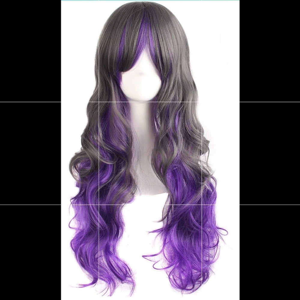 New beautiful Lolita cosplay bangs purple and gray 28" long synthetic wig